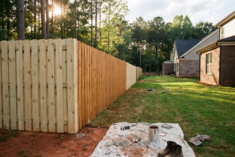 Pine fence half stained in a cedar tone (sample photo)